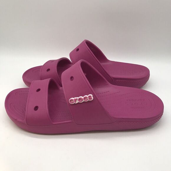 CROCS Iconic Comfort Men's 13 Pink Slides Fushia Fun Double Strap Sandal Jibbits - Picture 1 of 12